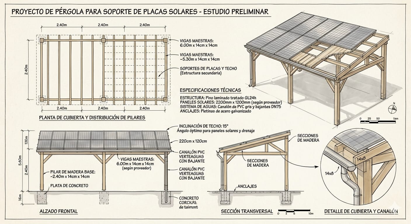 Boceto técnico profesional de una pérgola de madera para soporte de placas solares, elaborado para un cliente